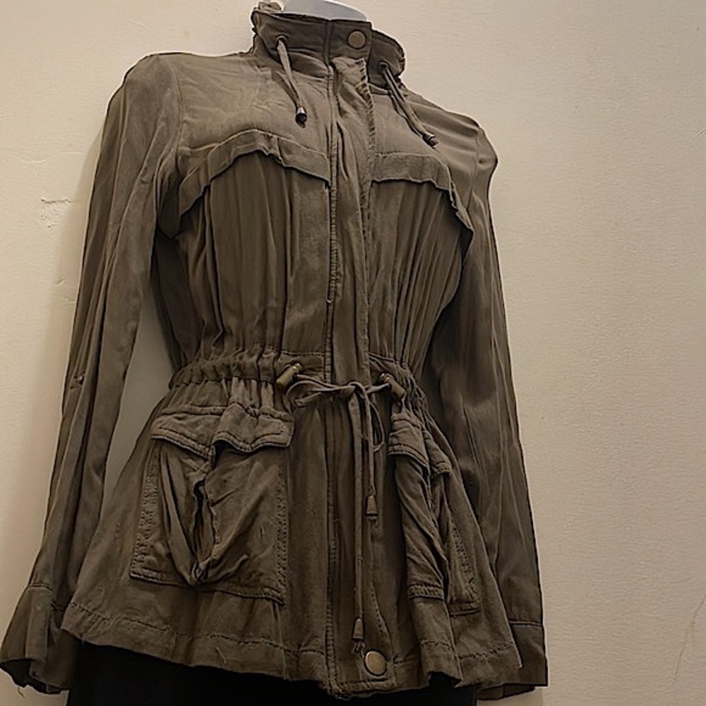 Olive Green Utility Coat- Zip up, Button up, Adjustable Cinch Waistband, Pockets